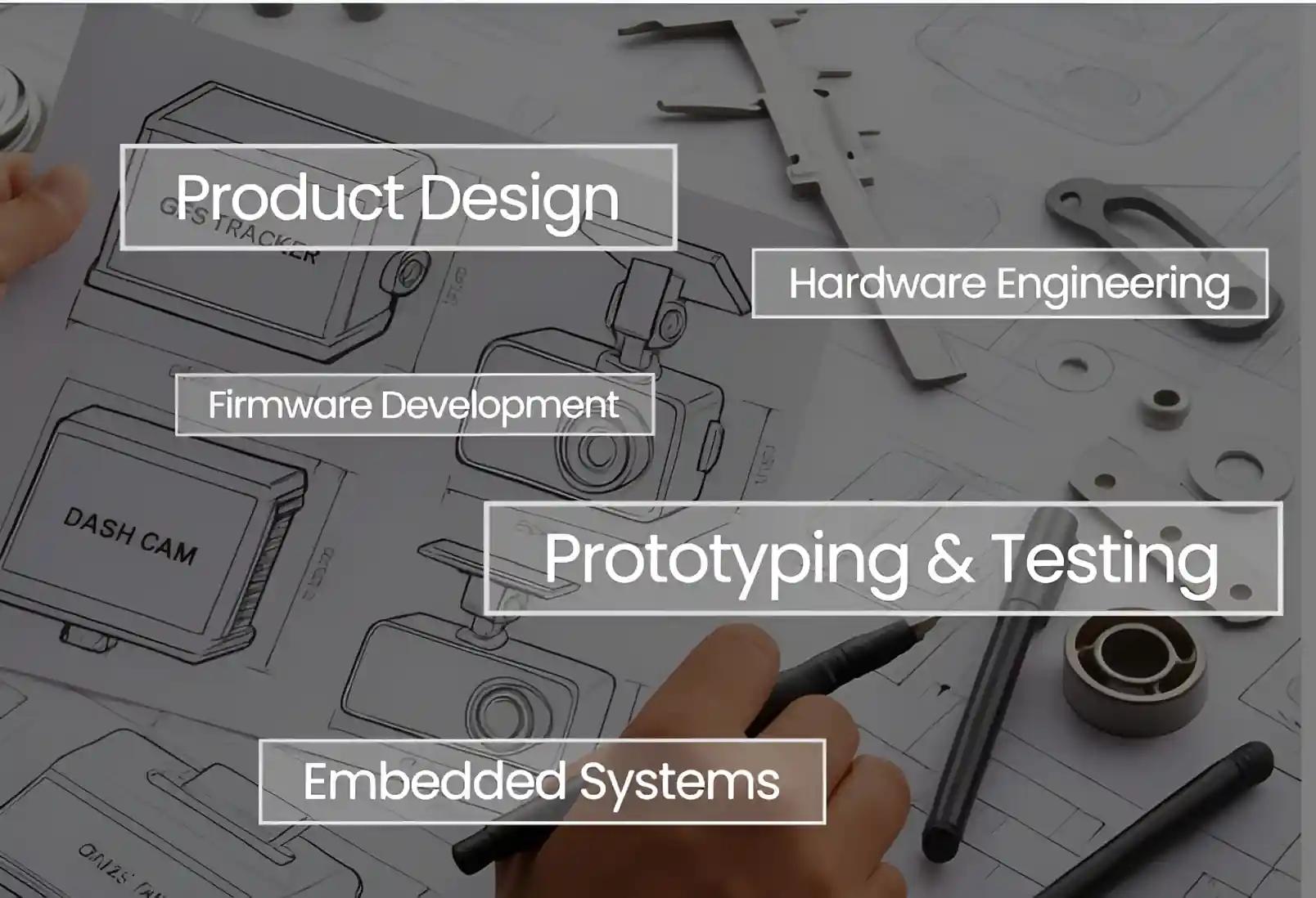 Engineering workspace with technical drawings and tools